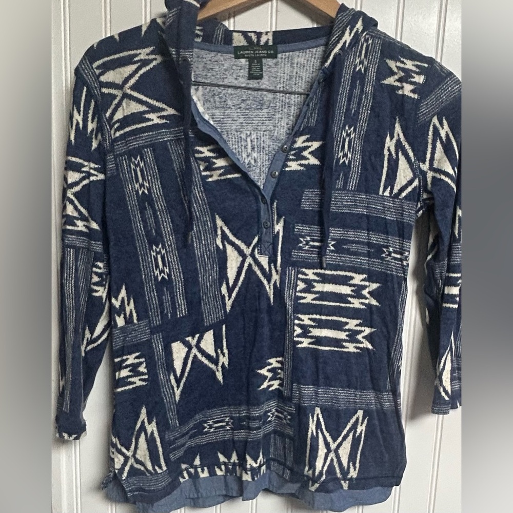 LRL RALPH LAUREN Aztec Tribal Navajo Southwestern Henley Hooded Blue Shirt